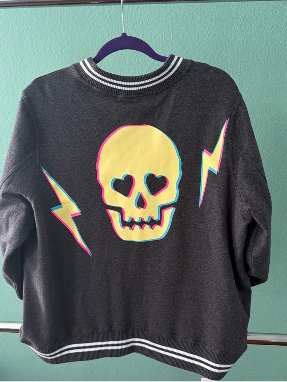 Torrid Relax Bomber Jacket Everyday Fleece Love Stick Skull Bolt Charcoal 2 (2X) - Picture 2 of 7